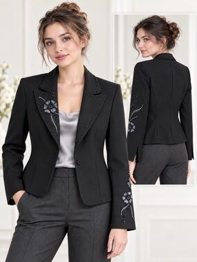 CACHE Floral Beaded Embroidered Blazer Jacket Single Button Long Sleeve Notched